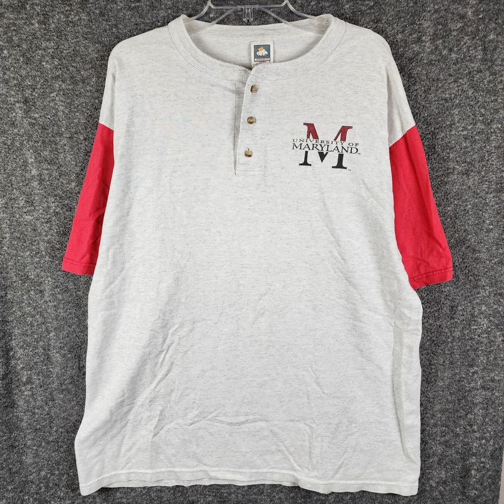 Maryland Henley Mens XL Gray Red NCAA College Cotton Deluxe Anvil